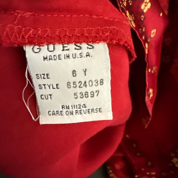 Guess Girls Red Mandarin Collar Floral Satin Dress 6Y Short Sleeves Vintage Styl - Picture 4 of 4